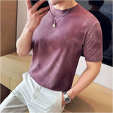 Camiseta espumante com gola em O masculina, alta qualidade, ajuste fino, elástica, manga curta, coreano casual, tops sociais, camiseta de verão