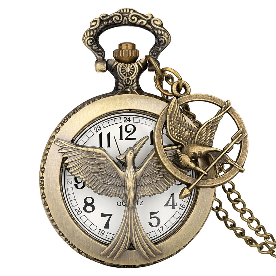 Oco grande pássaro relógio de bolso de quartzo bronze pássaros colar animal cosplay pingente corrente souverirn corrente com pássaro acessório