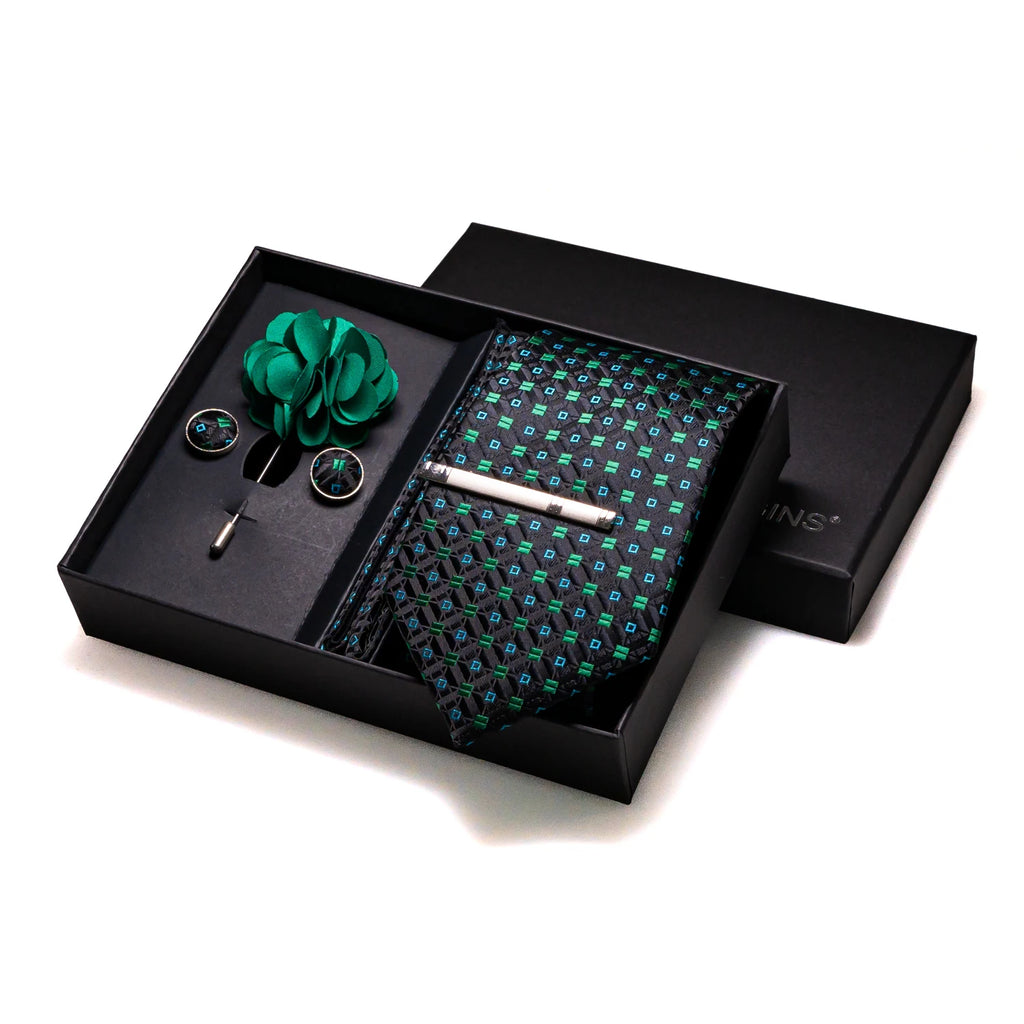 Gravatas luxuosas de seda com listras verdes escuras, acessórios de casamento, gravata masculina, bolso quadrado, abotoaduras, pino e caixa de presente elegante