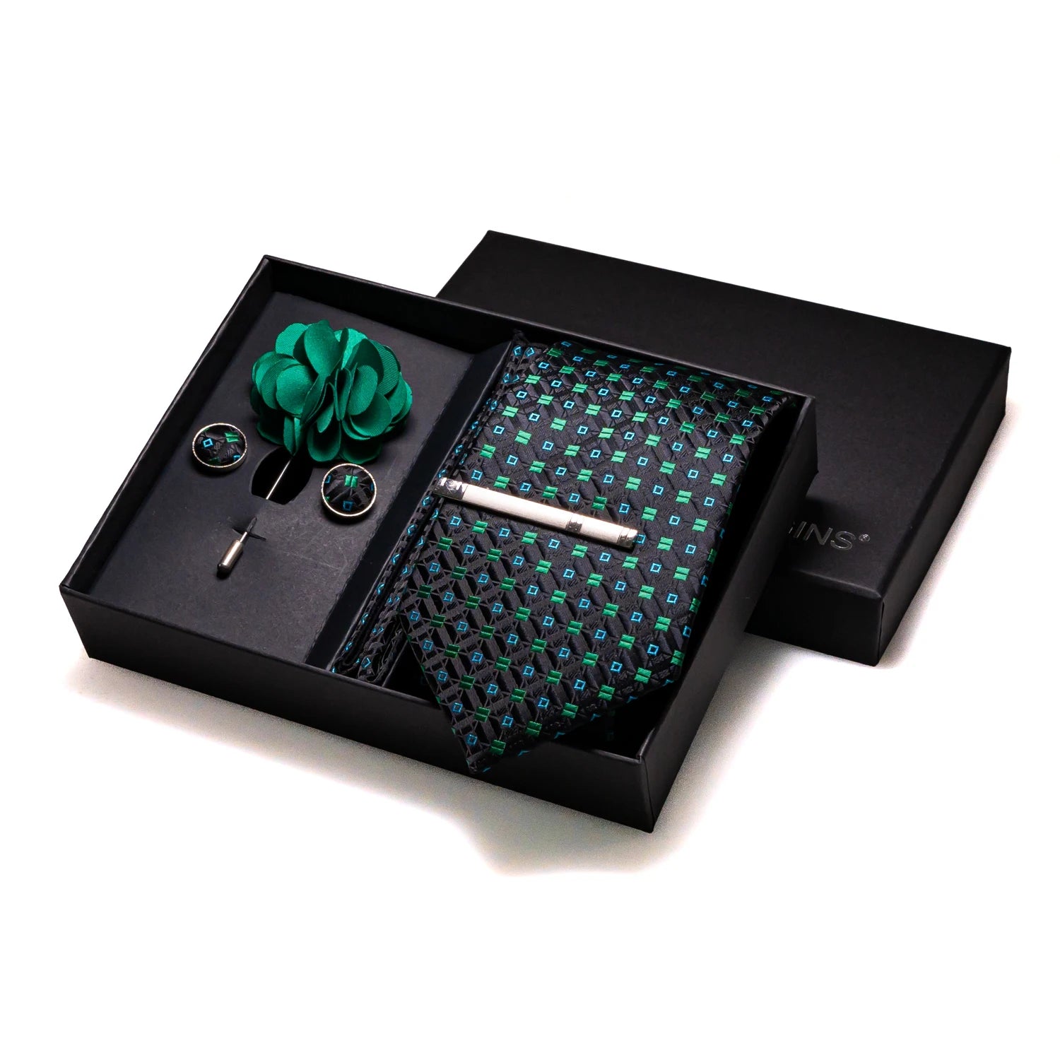Gravatas luxuosas de seda com listras verdes escuras, acessórios de casamento, gravata masculina, bolso quadrado, abotoaduras, pino e caixa de presente elegante