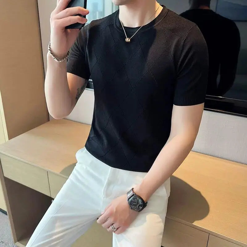 Camiseta respirável de seda gelada masculina, manga curta, camiseta de malha, gola redonda, slim fit, elástica, casual, verão, 3XL, 3XL, 2023