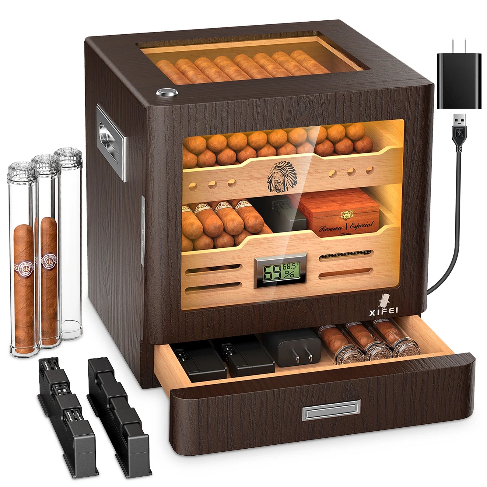 Armário umidificador de charutos, iluminação LED, higrômetro digital, 2 umidificadores, tubo de charuto, mesa, madeira de cedro, com gaveta de até 100 charutos