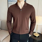 High-end sem costura com decote em v camisa polo masculina de manga comprida traceless elasticidade magro ajuste casual camiseta moda negócios roupas sociais