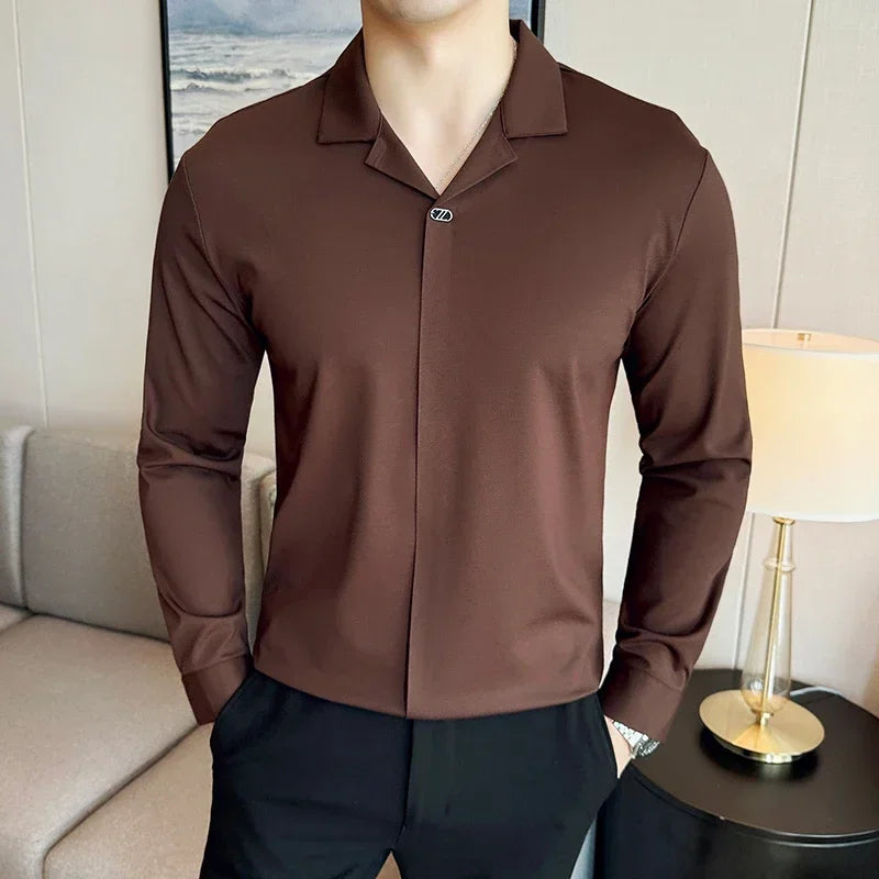 High-end sem costura com decote em v camisa polo masculina de manga comprida traceless elasticidade magro ajuste casual camiseta moda negócios roupas sociais