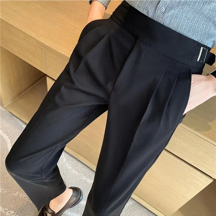 Estilo britânico masculino cintura alta vestido casual calça masculina cinto design calças finas formal escritório social festa de casamento vestido terno calças