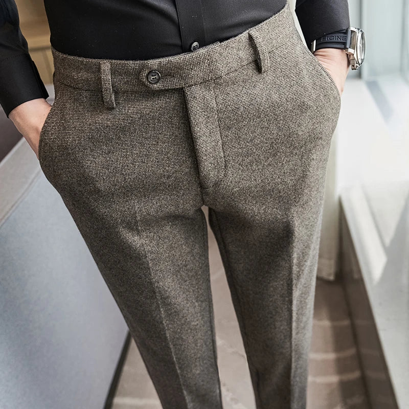 Outono inverno pano de lã engrossado terno calças de alta qualidade dos homens negócios calças finas formal wear escritório social vestido calças