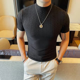 Verão meia gola alta elástica t camisas para homens moda coreana versátil fino ajuste manga curta pullovers casuais topos t 4xl-m