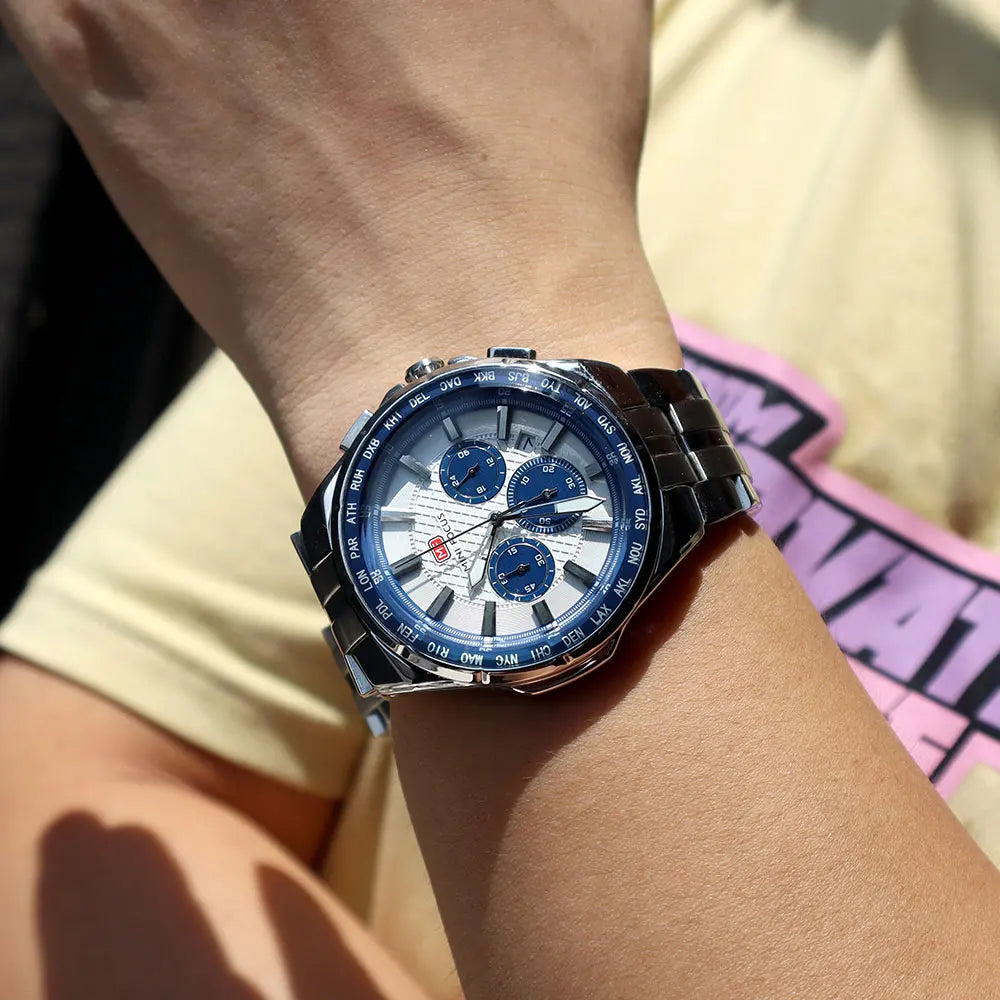 MINI FOCUS Moda Casual Relógio de Quartzo para Homens Relógio de Pulso Multifuncional com Mãos Luminosas Banda de Aço Cronógrafo Calendário Data