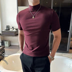 Outono inverno masculino meia alta pescoço manga curta camiseta coreano fino ajuste cor sólida camisa inferior casual algodão elástico camisetas