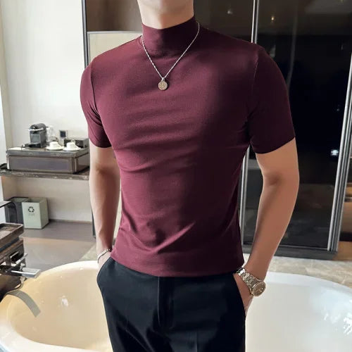 Outono inverno masculino meia alta pescoço manga curta camiseta coreano fino ajuste cor sólida camisa inferior casual algodão elástico camisetas