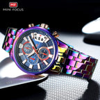 MINI FOCUS Motley Relógios para Homens Moda Esporte Cronógrafo Relógio de Pulso de Quartzo com Data Luminosa Mãos Pulseira de Aço Inoxidável Homem