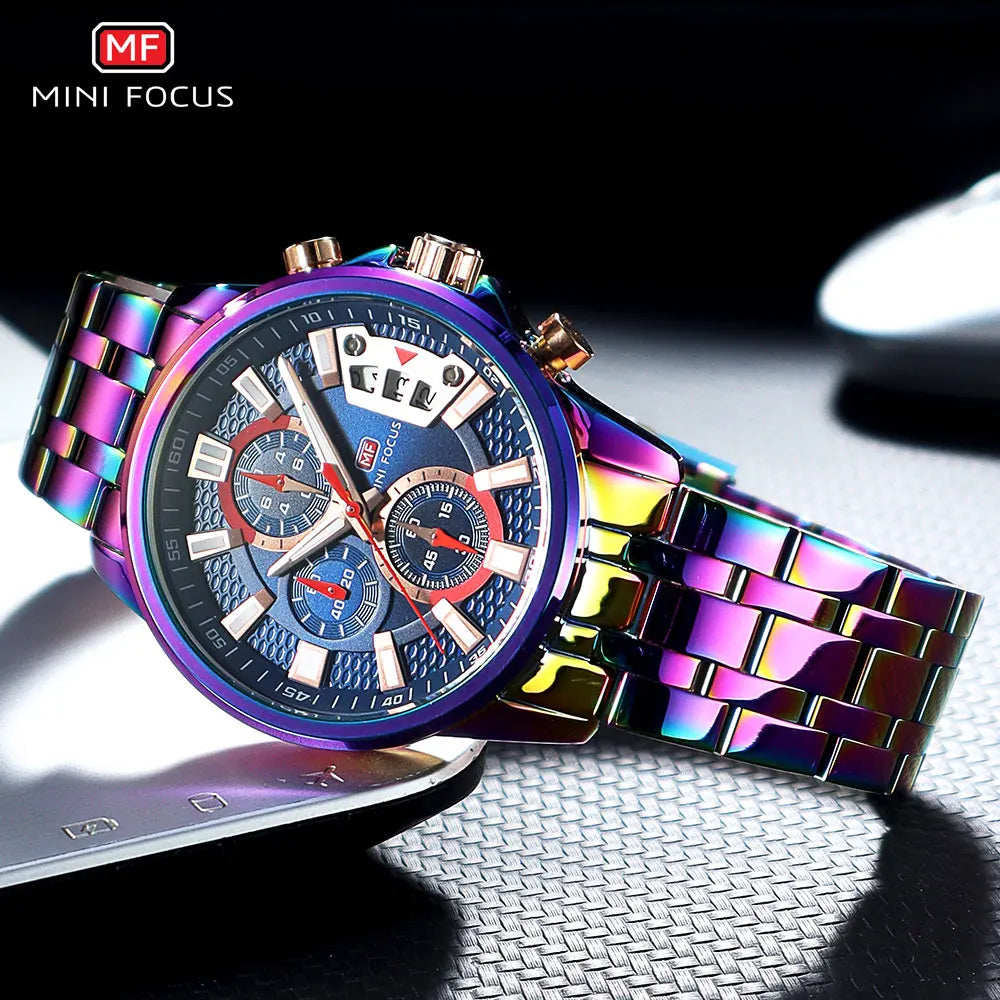 MINI FOCUS Motley Relógios para Homens Moda Esporte Cronógrafo Relógio de Pulso de Quartzo com Data Luminosa Mãos Pulseira de Aço Inoxidável Homem