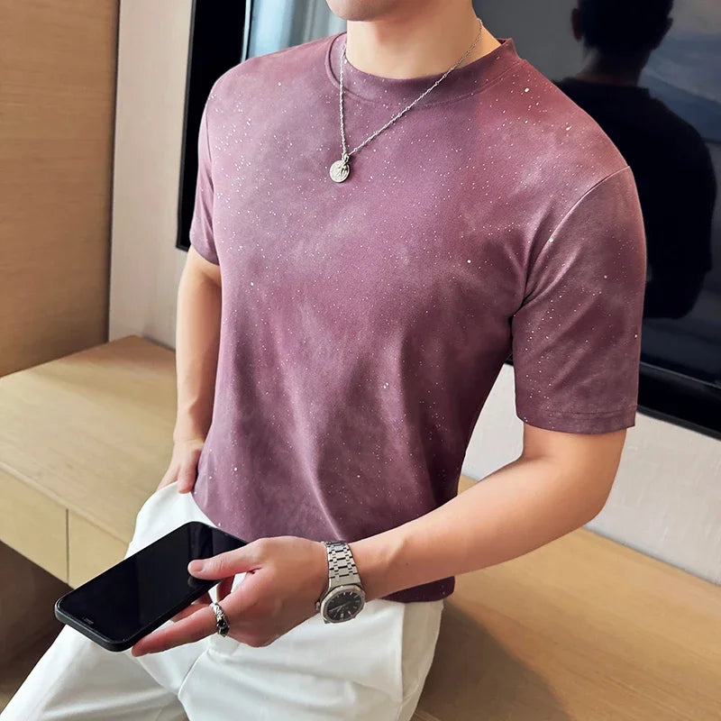 Camiseta espumante com gola em O masculina, alta qualidade, ajuste fino, elástica, manga curta, coreano casual, tops sociais, camiseta de verão