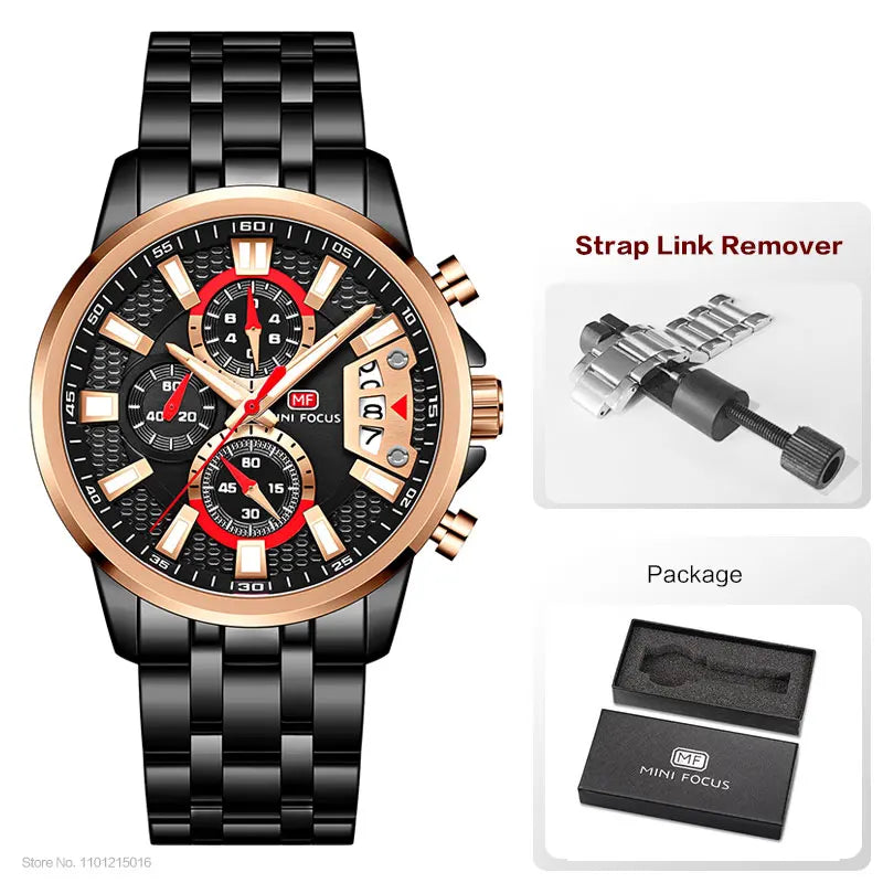 MINI FOCUS Motley Relógios para Homens Moda Esporte Cronógrafo Relógio de Pulso de Quartzo com Data Luminosa Mãos Pulseira de Aço Inoxidável Homem