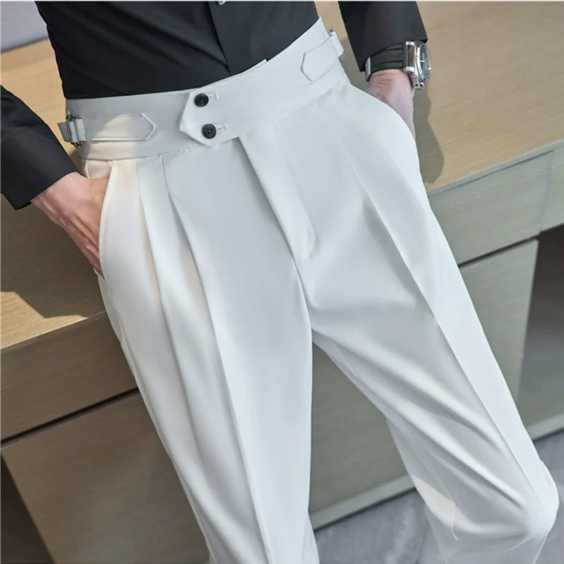 Estilo britânico masculino cintura alta vestido casual calça masculina cinto design calças finas formal escritório social festa de casamento vestido terno calças