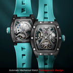 MEGIR Moda Esportes Relógio Mecânico para Homens Relógio de Pulso Automático com Pulseira de Silicone Transparente Tonneau Dial