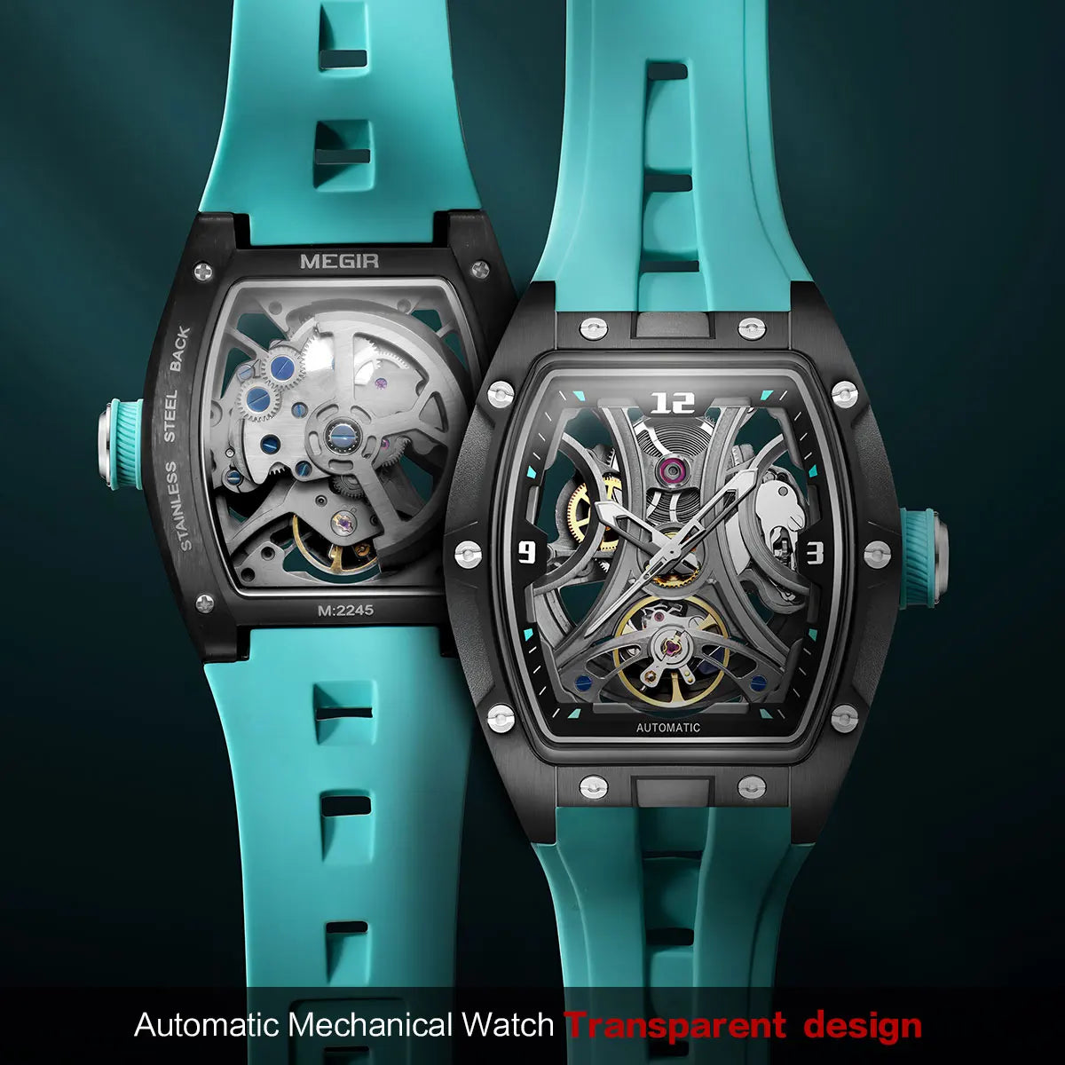 MEGIR Moda Esportes Relógio Mecânico para Homens Relógio de Pulso Automático com Pulseira de Silicone Transparente Tonneau Dial