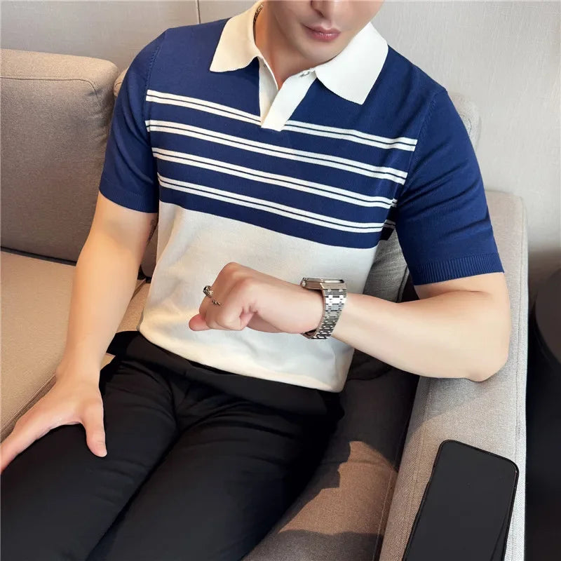 Verão gelo seda com decote em v emendado malha polos camisas 2025 de alta qualidade listrado casual negócios lapela versátil camiseta masculina