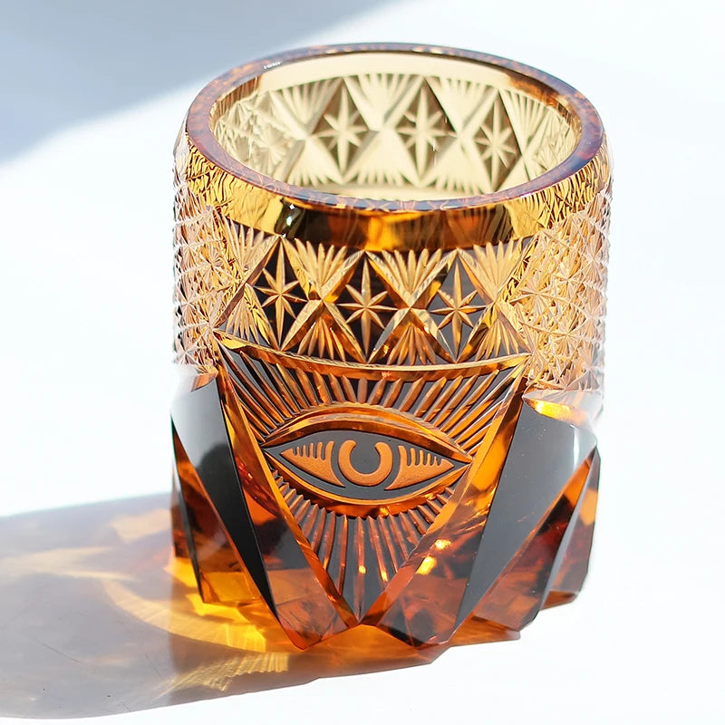 Olho de deus edo kiriko copo de vinho corte à mão âmbar cristal copo de uísque símbolo de energia high end brandy snifter rock vidro para chefe