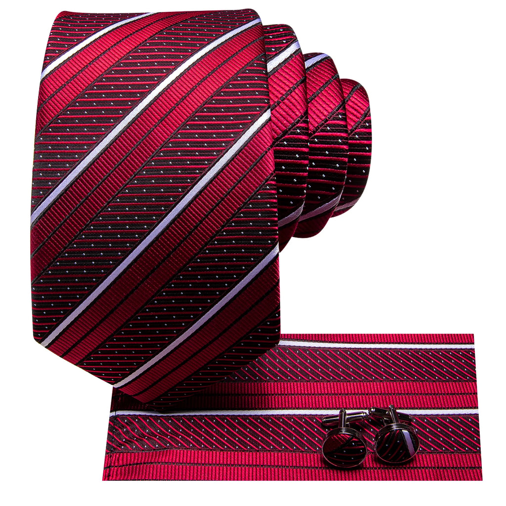Hi-tie listrado borgonha azul preto masculino elegante gravata lenço abotoaduras 3 pçs conjunto moda clássico seda gravata de luxo para homem