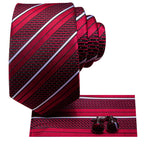 Hi-tie listrado borgonha azul preto masculino elegante gravata lenço abotoaduras 3 pçs conjunto moda clássico seda gravata de luxo para homem