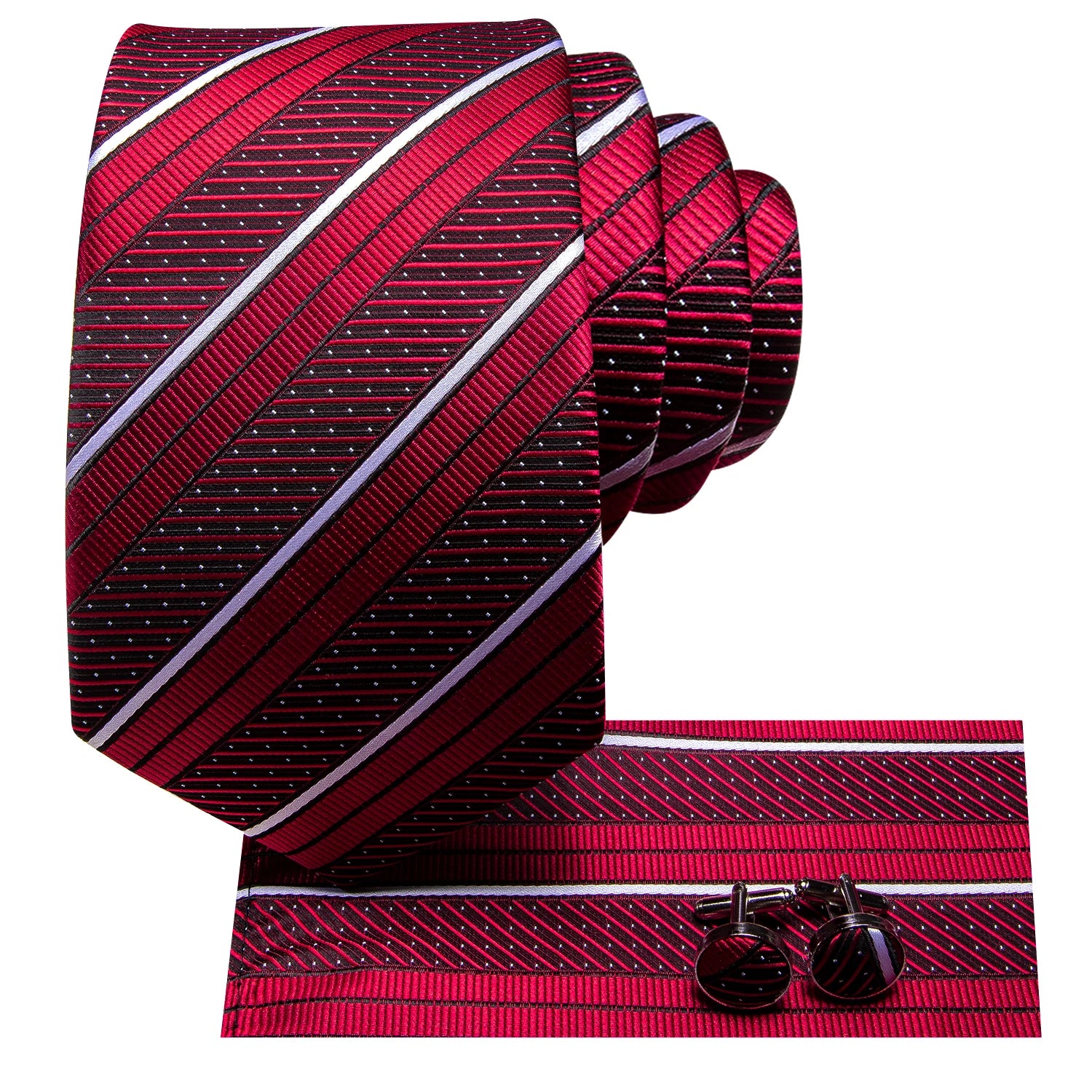 Hi-tie listrado borgonha azul preto masculino elegante gravata lenço abotoaduras 3 pçs conjunto moda clássico seda gravata de luxo para homem