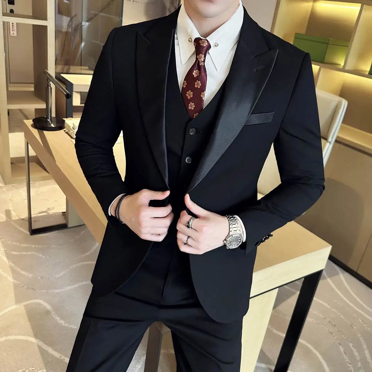 Fato de negócio clássico Slim Fit masculino, smoking formal, festa de casamento, plus size, outono, 3 peças, 6XL, 5XL