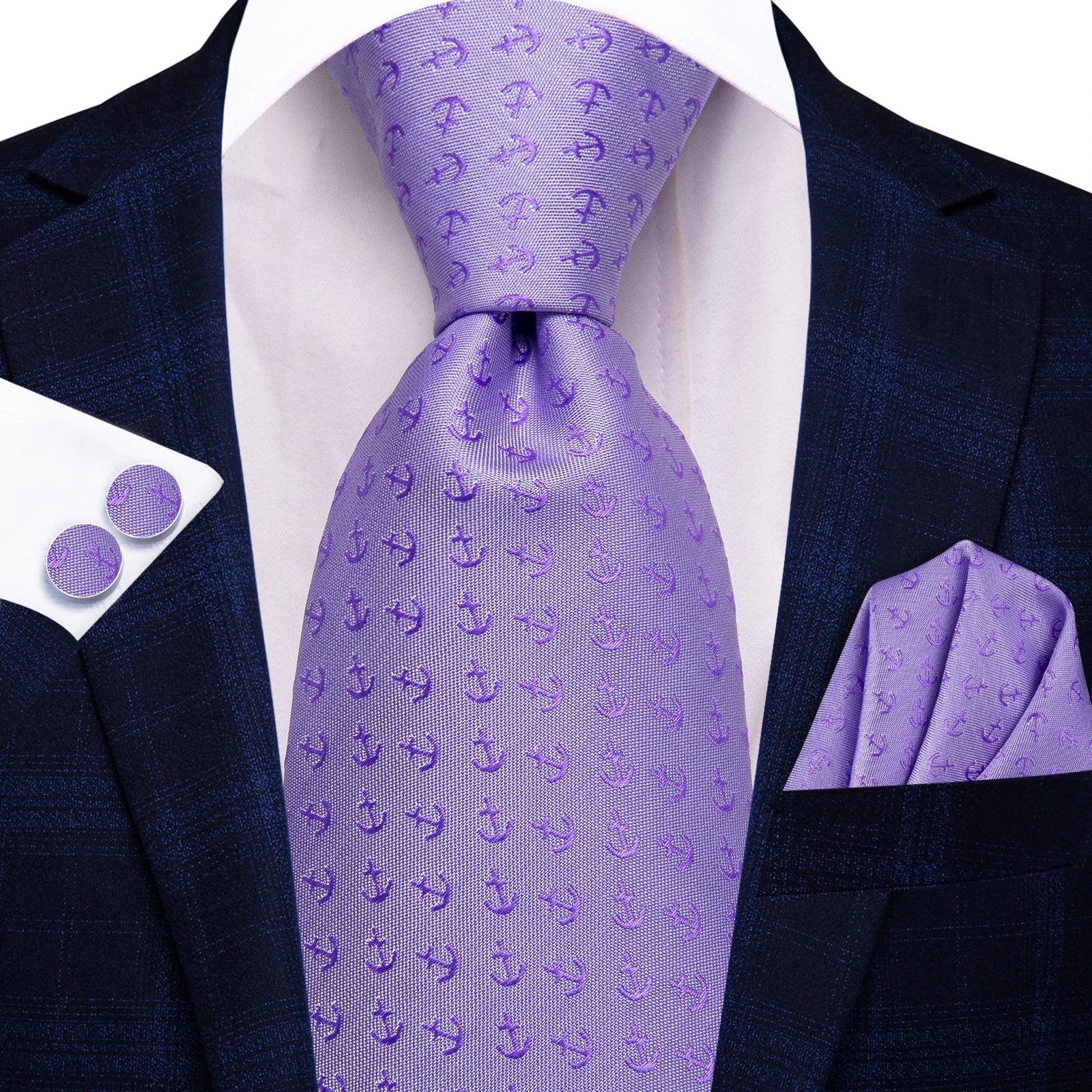 Hi-tie masculino elegante gravata lenço abotoaduras 3 pçs conjunto xadrez azul claro para smoking moda clássico seda luxo gravata para homem