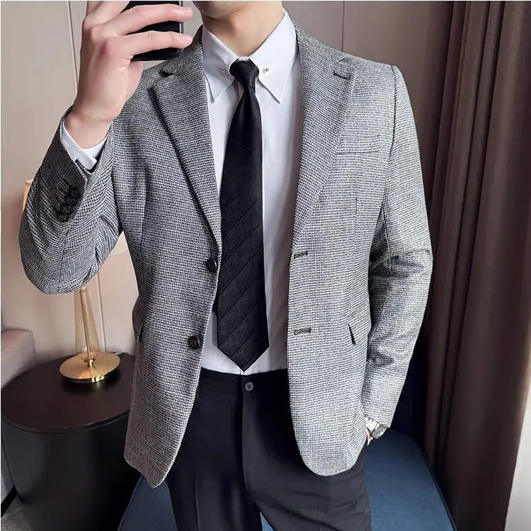 Seda brilhante mil pássaro grade terno jaqueta estilo coreano moda de negócios fino ajuste único breasted masculino festa social vestido casacos