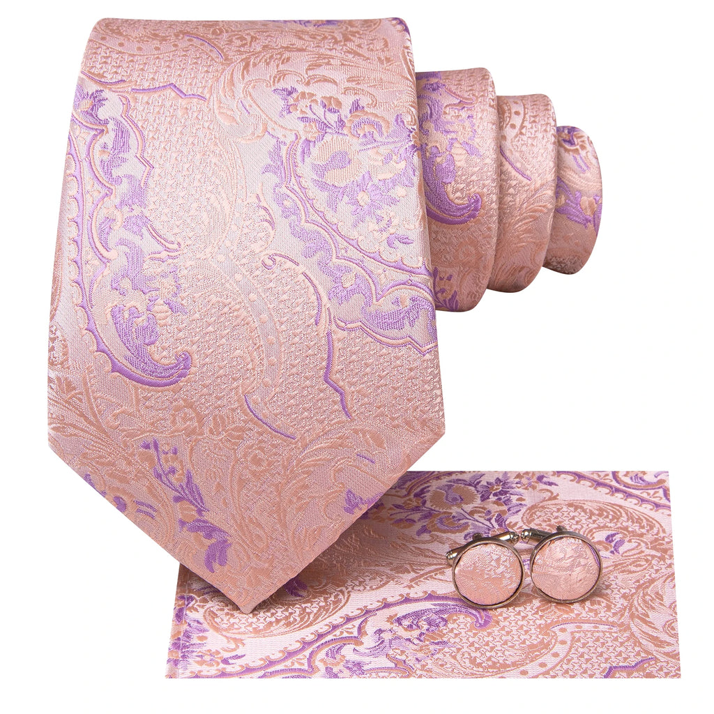 Conjunto clássico de gravata de seda masculino, gravata, floral, rosa, roxo, azul, elegante, lenço, abotoaduras, moda luxuosa, 3 peças