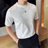 Camiseta casual com gola em O masculina, luxo coreano, elástica, manga curta, fina, design de diamantes, elegante, festa, verão
