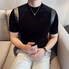 Primavera verão moda couro do plutônio emendado camiseta masculina 2025 novo ajuste fino meia gola alta elástica manga curta camiseta 4xl-m