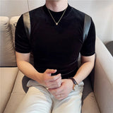Primavera verão moda couro do plutônio emendado camiseta masculina 2025 novo ajuste fino meia gola alta elástica manga curta camiseta 4xl-m