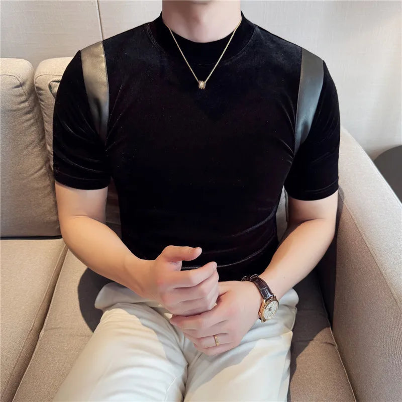 Primavera verão moda couro do plutônio emendado camiseta masculina 2025 novo ajuste fino meia gola alta elástica manga curta camiseta 4xl-m