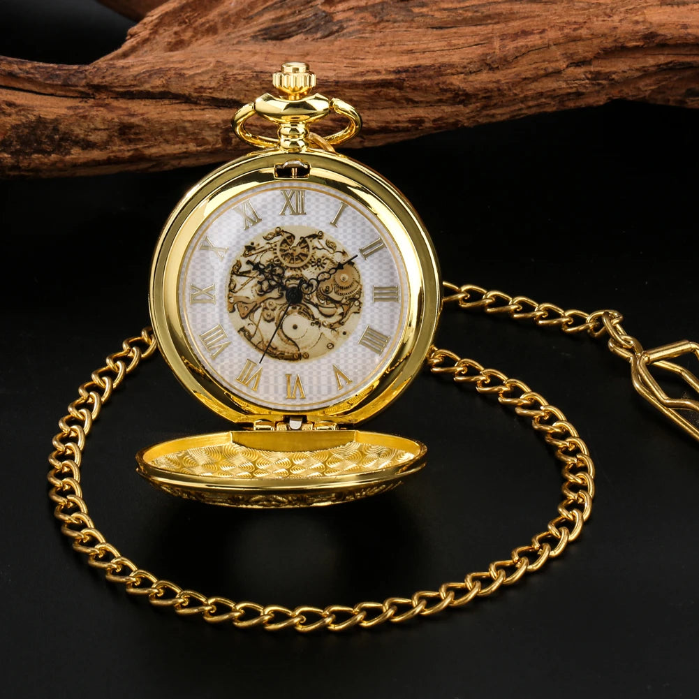 Cor dourada esculpida 12 constelações engrenagem dial design oco esqueleto roda carretel relógio de bolso de quartzo fob corrente engrenagem relógios