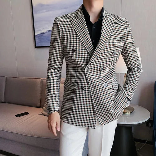 Estilo britânico fino ajuste houndstooth blazer para homens 2023 moda duplo breasted negócios escritório vestido de casamento terno jaqueta