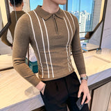 2024 outono inverno nova camisola listrada para homens moda zíper flip colarinho de malha camisa polo masculina manga longa magro casual puxar