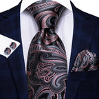 Hi-tie moda 8.5cm preto cinza floral masculino elegante gravata lenço abotoaduras conjunto acessórios de festa de casamento presente para homem gravat