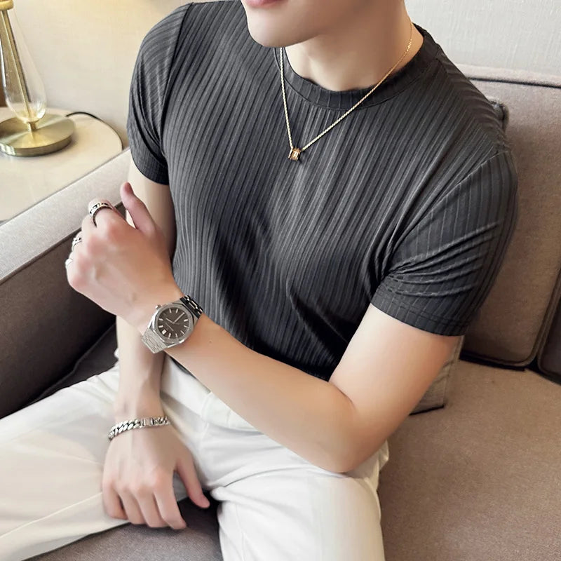 Verão gelo seda elástica listra fina camiseta masculina fino ajuste manga curta tripulação pescoço respirável versátil camiseta topos 4xl-m