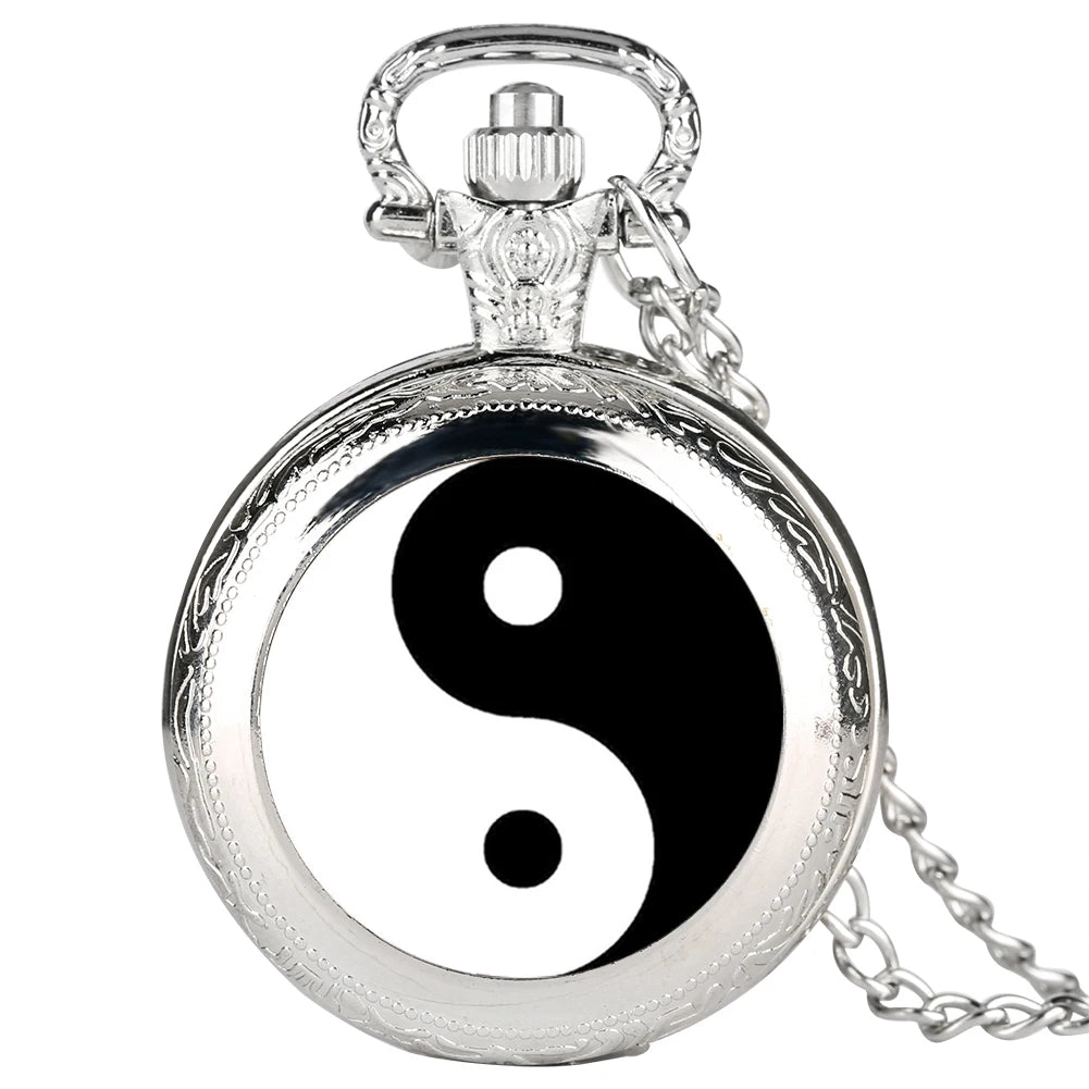 Preto e branco tai chi botão de pressão relógio de bolso de quartzo yin yang jóias steampunk tamanho médio colar corrente collectibles presentes