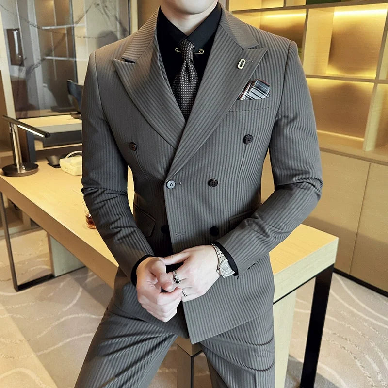 (Jaquetas + calças + colete) terno masculino listrado de luxo de alta qualidade duplo breasted elegante moda smoking formal noivo casamento terno social