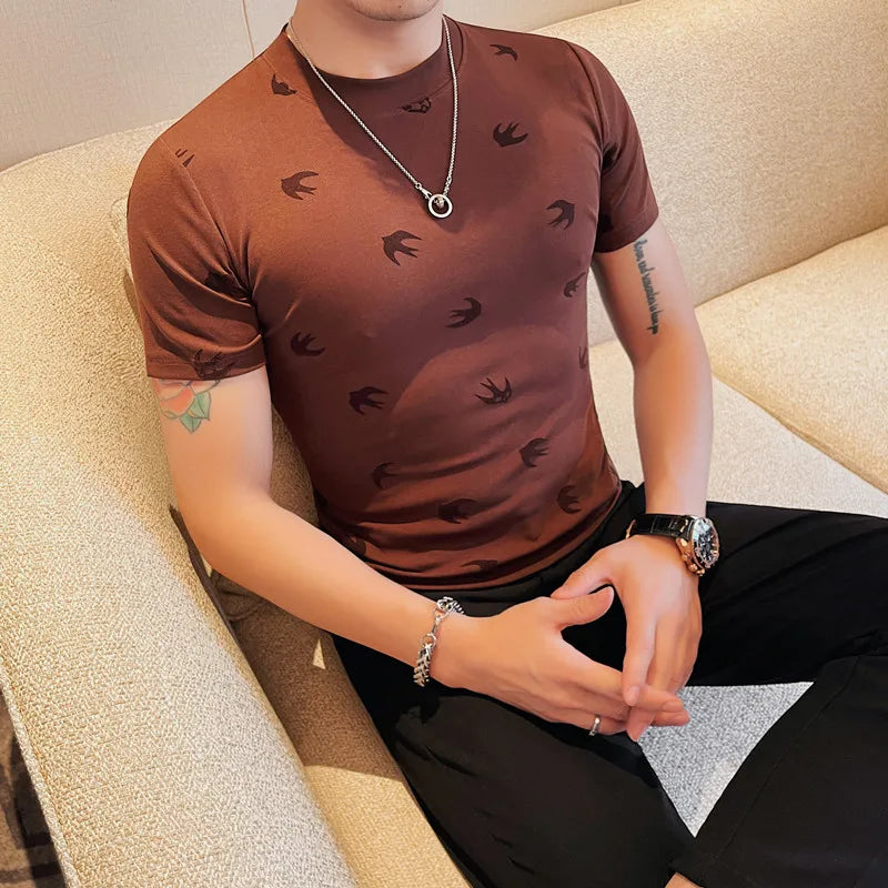 Alta qualidade verão reunindo impressão manga curta camiseta moda masculina fino ajuste em torno do pescoço casual negócios camisetas streetwear 4xl
