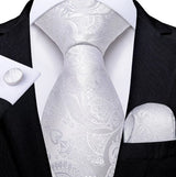 Gravatas masculinas branco sliver hanky abotoaduras conjunto de seda pescoço laços para festa de casamento negócios gravata masculina 2022 nova marca de moda hi-tie