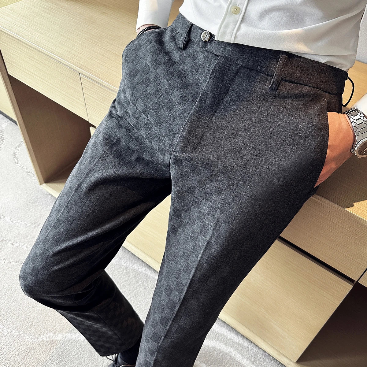 Novos homens casuais xadrez terno calças moda masculina fino ajuste negócios social vestido calças formal casamento festa social calças masculinas