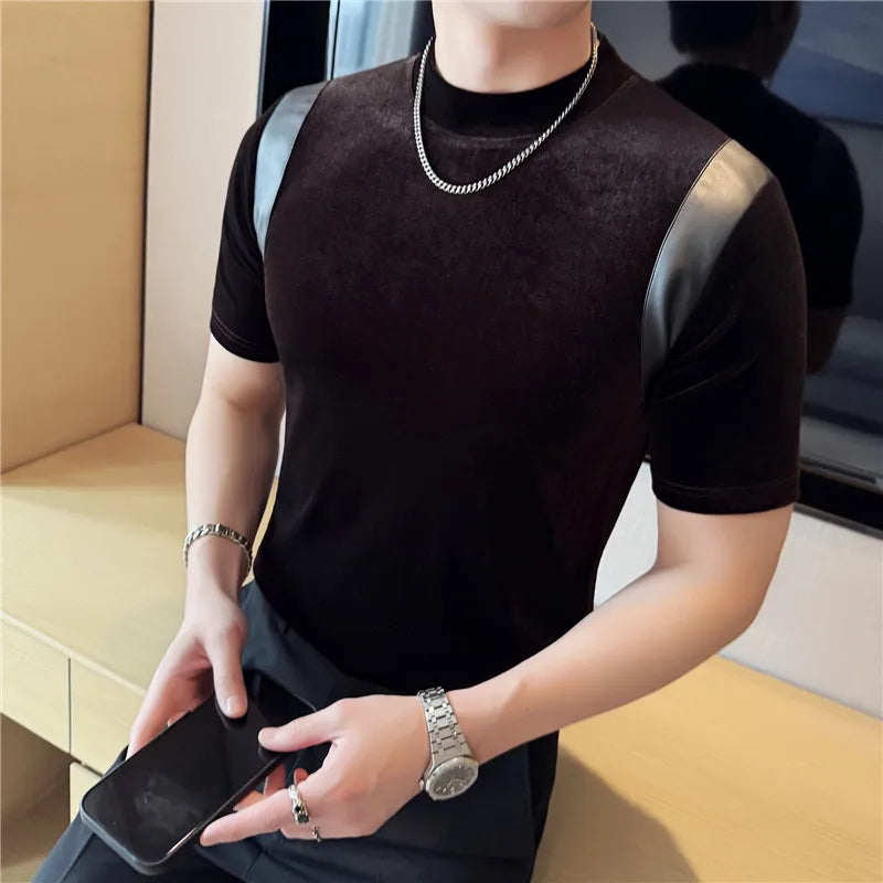 Primavera verão moda couro do plutônio emendado camiseta masculina 2025 novo ajuste fino meia gola alta elástica manga curta camiseta 4xl-m