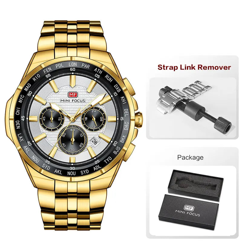 MINI FOCUS Moda Casual Relógio de Quartzo para Homens Relógio de Pulso Multifuncional com Mãos Luminosas Banda de Aço Cronógrafo Calendário Data