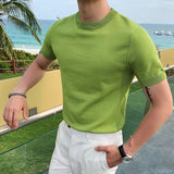 Estilo britânico verão gelo seda manga curta malha t camisas masculinas simples cor pura o-pescoço casual magro camiseta topo homme M-3XL