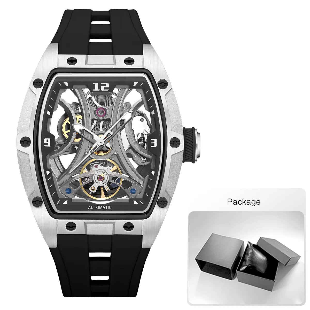 MEGIR Moda Esportes Relógio Mecânico para Homens Relógio de Pulso Automático com Pulseira de Silicone Transparente Tonneau Dial