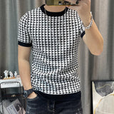 Novo houndstooth masculino manga curta camisola camiseta o pescoço de malha topo t streetwear alta qualidade clube social casual camiseta