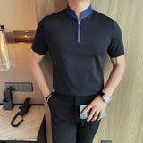 Camiseta masculina de verão com gola alta, moda meio zíper, pulôver, camisetas casuais, cor sólida, manga curta, slim fit